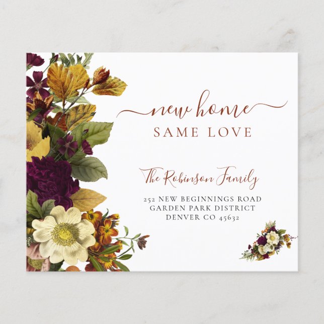 Budget fall botanical script moving announcement (Front)