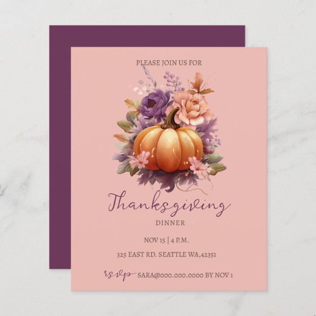 Budget Fall Floral Pumpkins Thanksgiving Invite (Front/Back)