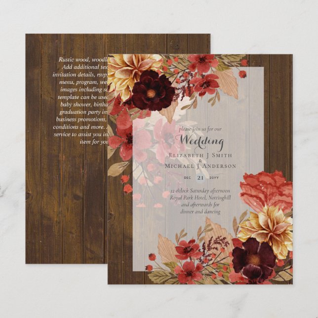 BUDGET FALL Floral Wedding Invitations - Dusky (Front/Back)