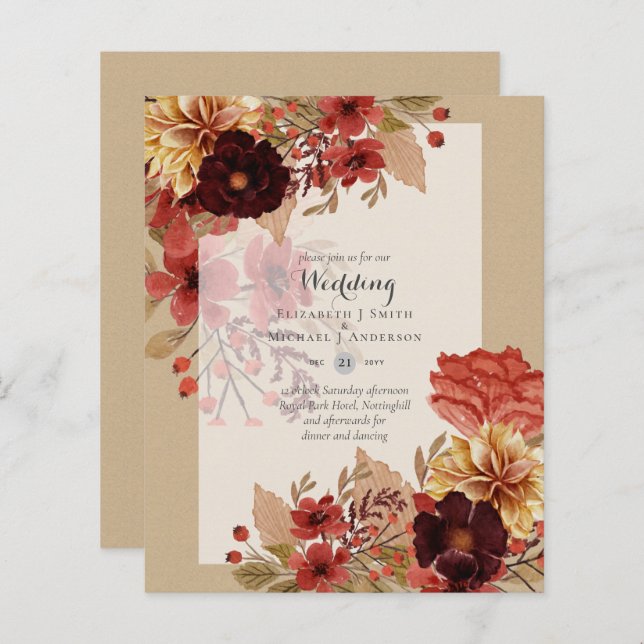 BUDGET FALL Floral Wedding Invitations - Dusky (Front/Back)