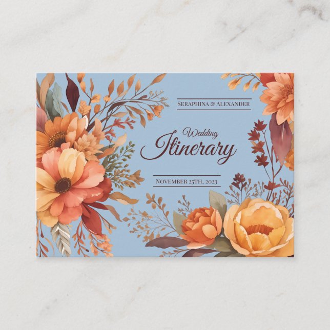 Budget Fall Floral Wedding Itinerary Enclosure Card (Front)