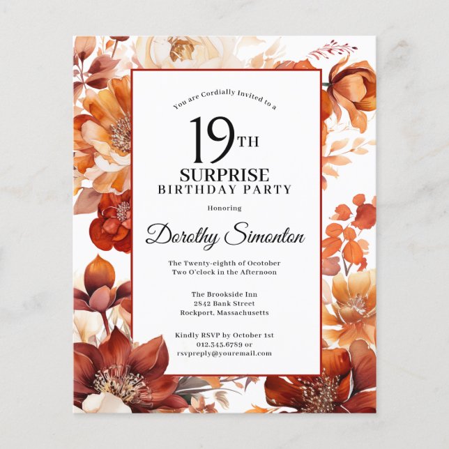 Budget Fall Flowers 19th Surprise Birthday Invite (Front)