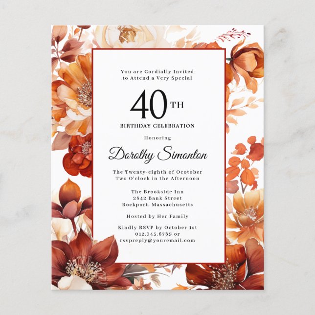 Budget Fall Flowers 40th Birthday Invitation (Front)