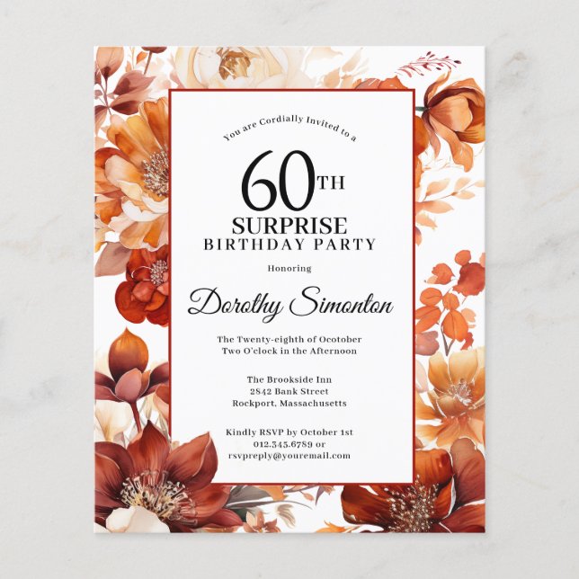 Budget Fall Flowers 60th Surprise Birthday Invite (Front)