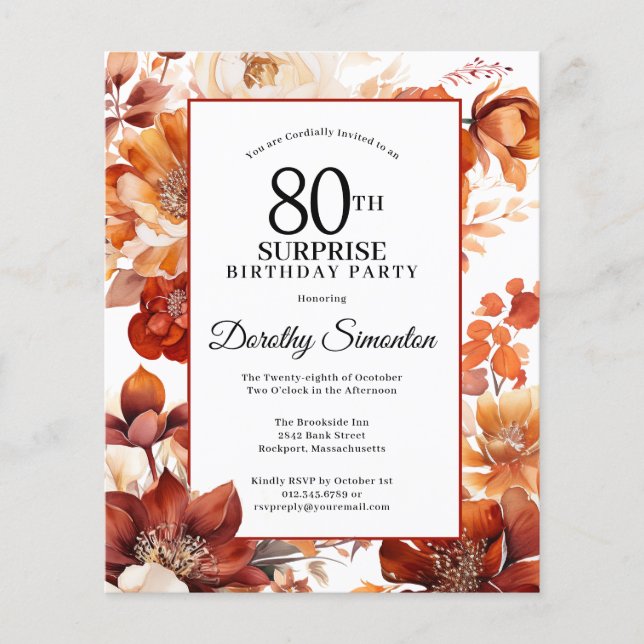 Budget Fall Flowers 80th Surprise Birthday Invite (Front)