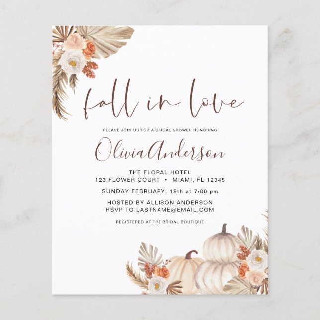 Budget Fall in Love Bridal Shower Pampas Grass Flyer (Front)