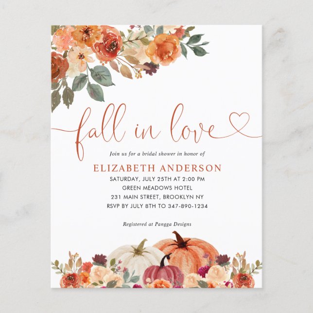 Budget Fall in Love Floral Pumpkin Bridal Shower Flyer (Front)