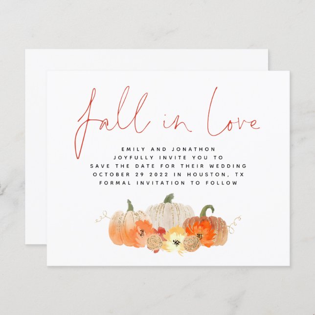 Budget Fall in Love Glitter Pumpkins QR Save Date  (Front/Back)