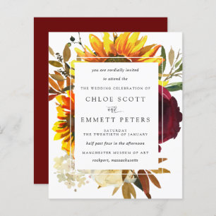 Budget Fall Sunflowers Burgundy Wedding Invitation
