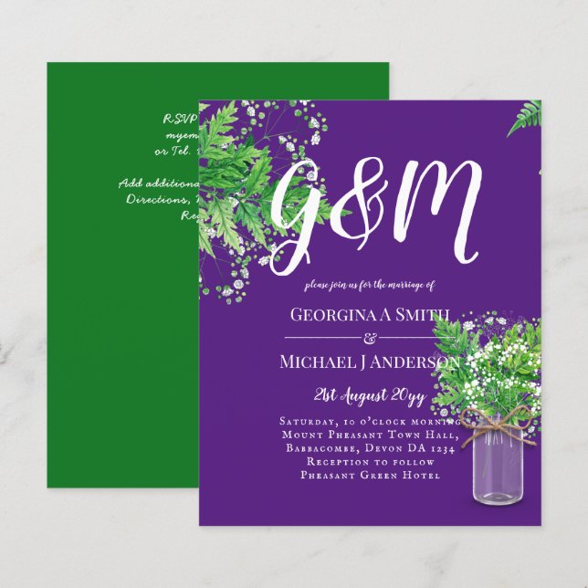 BUDGET Ferns Greenery Purple Wedding Invite (Front/Back)