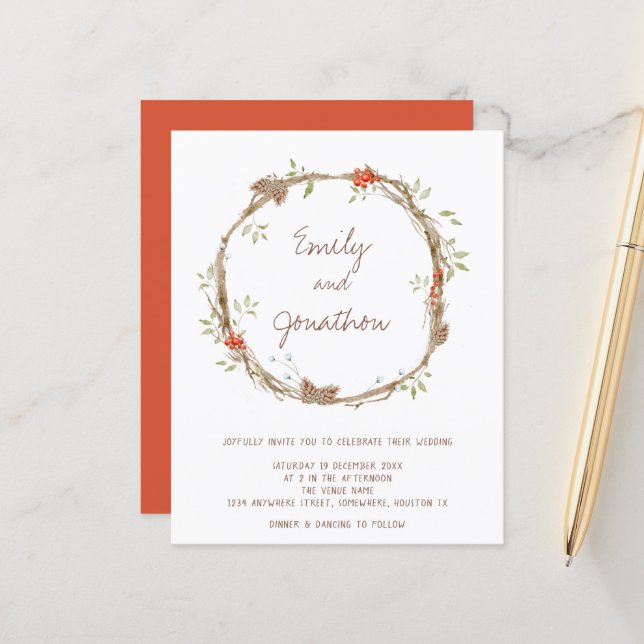 Budget Festive Pines Berries Wedding Invitation (Front/Back In Situ)