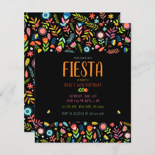Budget Fiesta Floral Birthday Invitations (Front/Back)