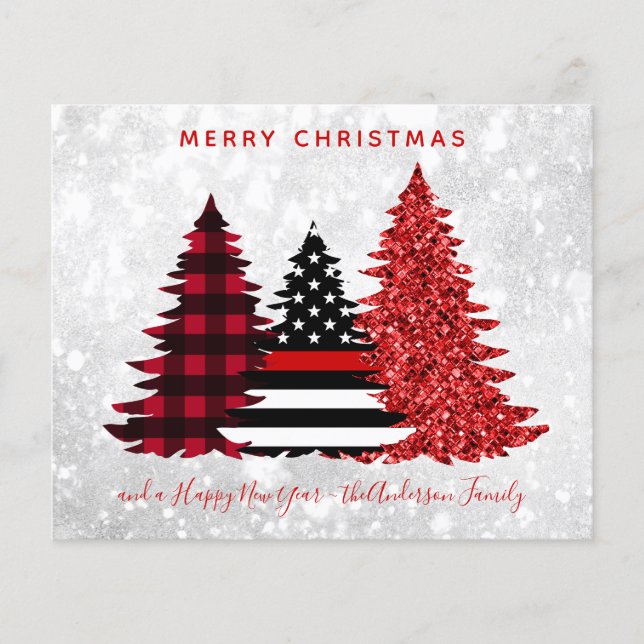 Budget Firefighter Christmas Red Line Plaid Card (Front)