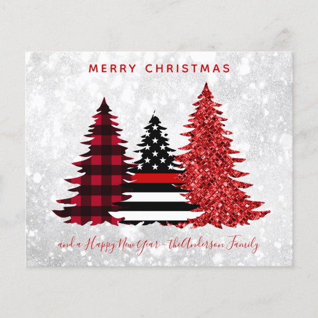 Budget Firefighter Christmas Tree Red Plaid Card (Front)