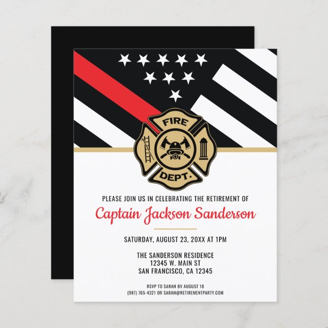 Budget Firefighter Retirement Red Line Invitation (Front/Back)