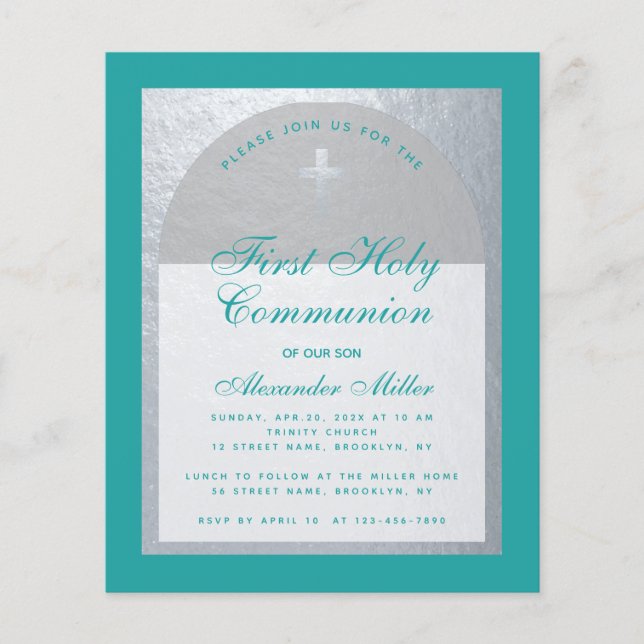 Budget First Communion Teal Blue Silver Invitation (Front)