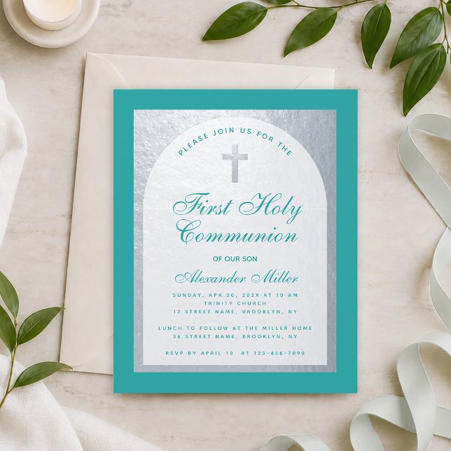 Budget First Communion Teal Blue Silver Invitation (Creator Uploaded)