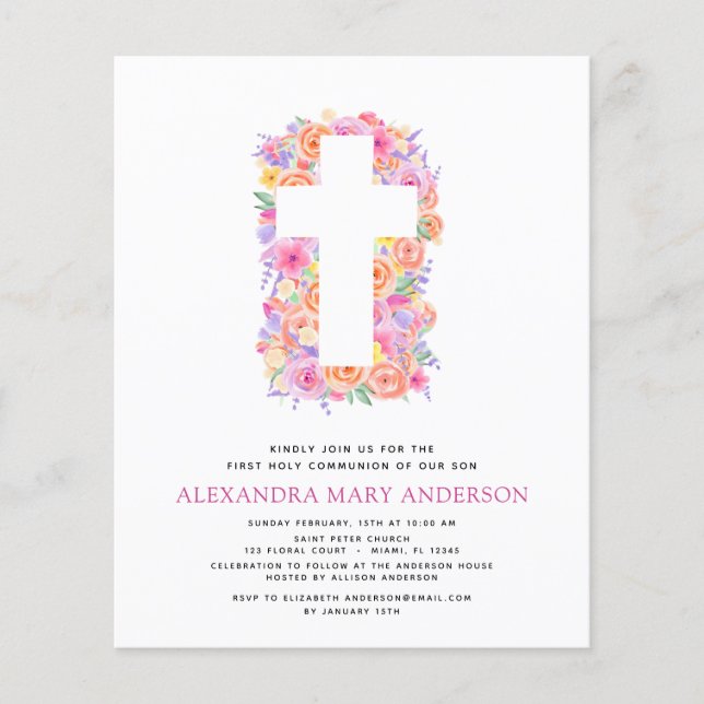 Budget First Holy Communion Pastel Floral Pink Flyer (Front)