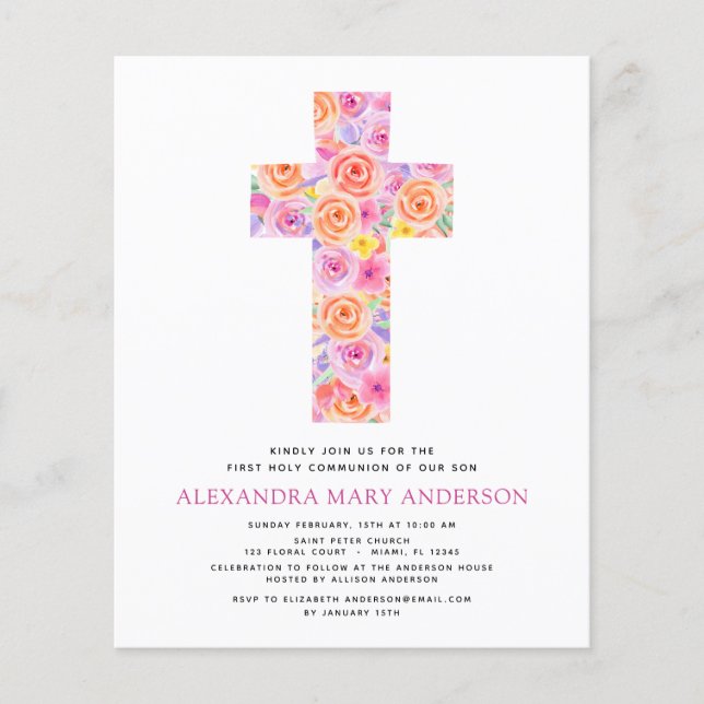 Budget First Holy Communion Pastel Floral Pink Flyer (Front)