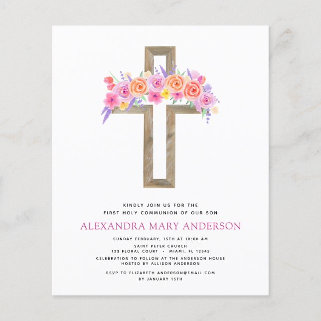 Budget First Holy Communion Pastel Floral Pink Flyer (Front)