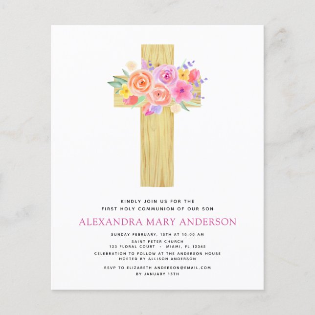 Budget First Holy Communion Pastel Floral Pink Flyer (Front)