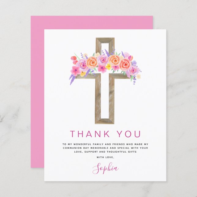 Budget First Holy Communion Thank You Floral Pink (Front/Back)