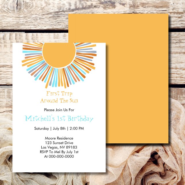 Budget First Trip Around The Sun Retro Boho Sunray Invitation (Creator Uploaded)