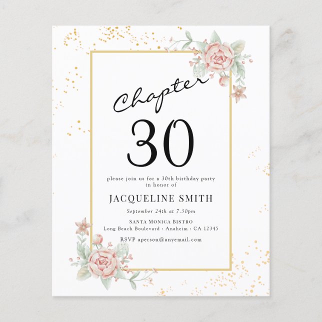 Budget Floral 30th Birthday Invitation Flyer (Front)
