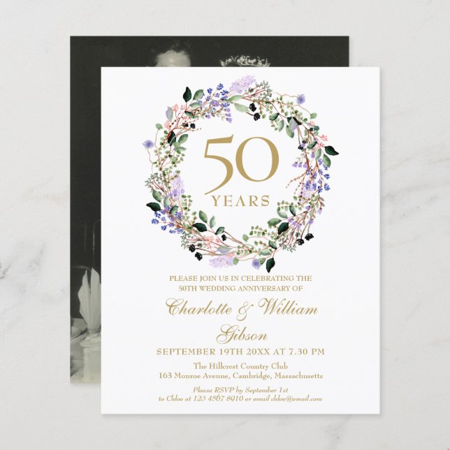 Budget Floral 50th Anniversary Photo Invitation (Front/Back)