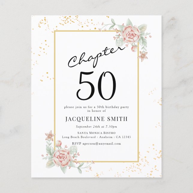 Budget Floral 50th Birthday Invitation Flyer (Front)