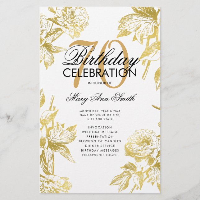 Budget Floral 70th Birthday Program Gold Menu (Front)