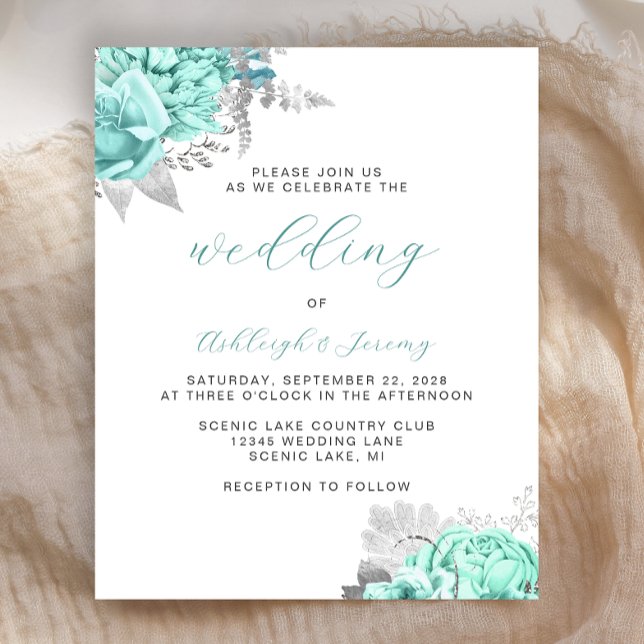 Budget Floral Aqua Silver Script Wedding Invite (Creator Uploaded)