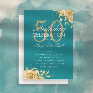 Budget Floral Birthday Elegant Gold & Teal Invite