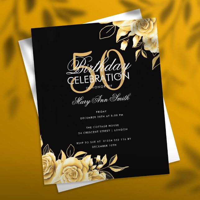 Budget Floral Birthday Party Elegant Gold & Black Flyer (Creator Uploaded)
