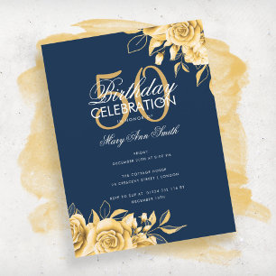 Budget Floral Birthday Party Elegant Gold & Navy Postcard