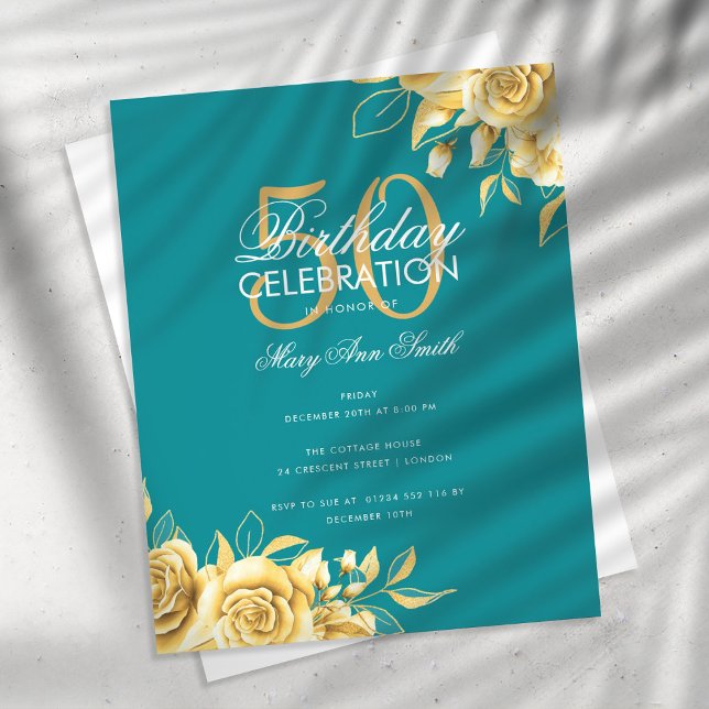 Budget Floral Birthday Party Elegant Gold & Teal  Flyer (Creator Uploaded)