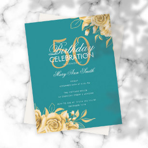 Budget Floral Birthday Party Elegant Gold & Teal Invitation