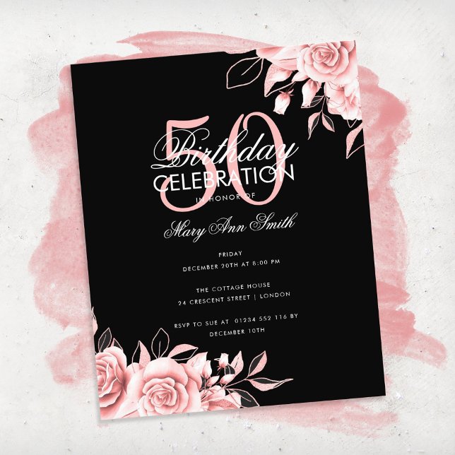 Budget Floral Birthday Party Rose Gold & Black Flyer (Creator Uploaded)