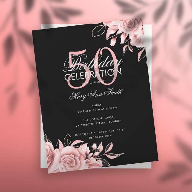 Budget Floral Birthday Party Rose Gold Black Invitation (Creator Uploaded)