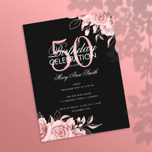 Budget Floral Birthday Party Rose Gold & Black Postcard