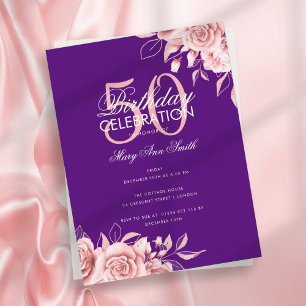 Budget Floral Birthday Party Rose Gold & Purple Postcard