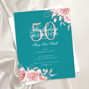 Budget Floral Birthday Party Rose Gold & Teal  Flyer