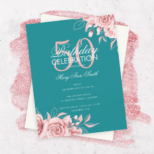 Budget Floral Birthday Party Rose Gold Teal Invitation