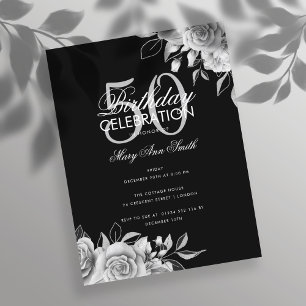 Budget Floral Birthday Party Silver & Black Postcard