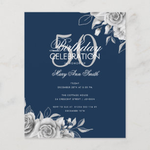 Budget Floral Birthday Party Silver & Navy  Flyer