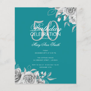 Budget Floral Birthday Party Silver & Teal Flyer