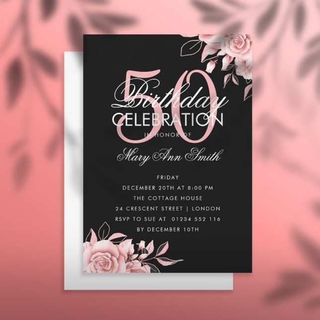 Budget Floral Birthday Rose Gold & Black Invite (Creator Uploaded)