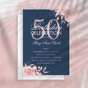 Budget Floral Birthday Rose Gold & Navy Invite