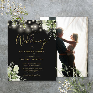 Budget Floral Black And Gold Photo Wedding Invite