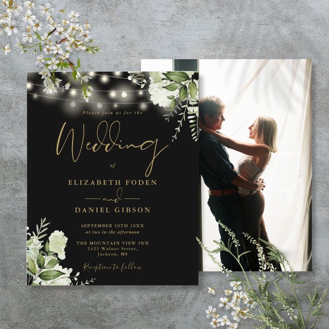 Budget Floral Black And Gold Photo Wedding Invite (Budget Floral Black And Gold Photo Wedding Invite)